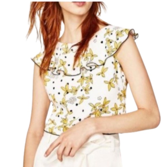 ZARA Floral Print Yellow White Black Ruffle Polka Dot Crop Top - Picture 1 of 3
